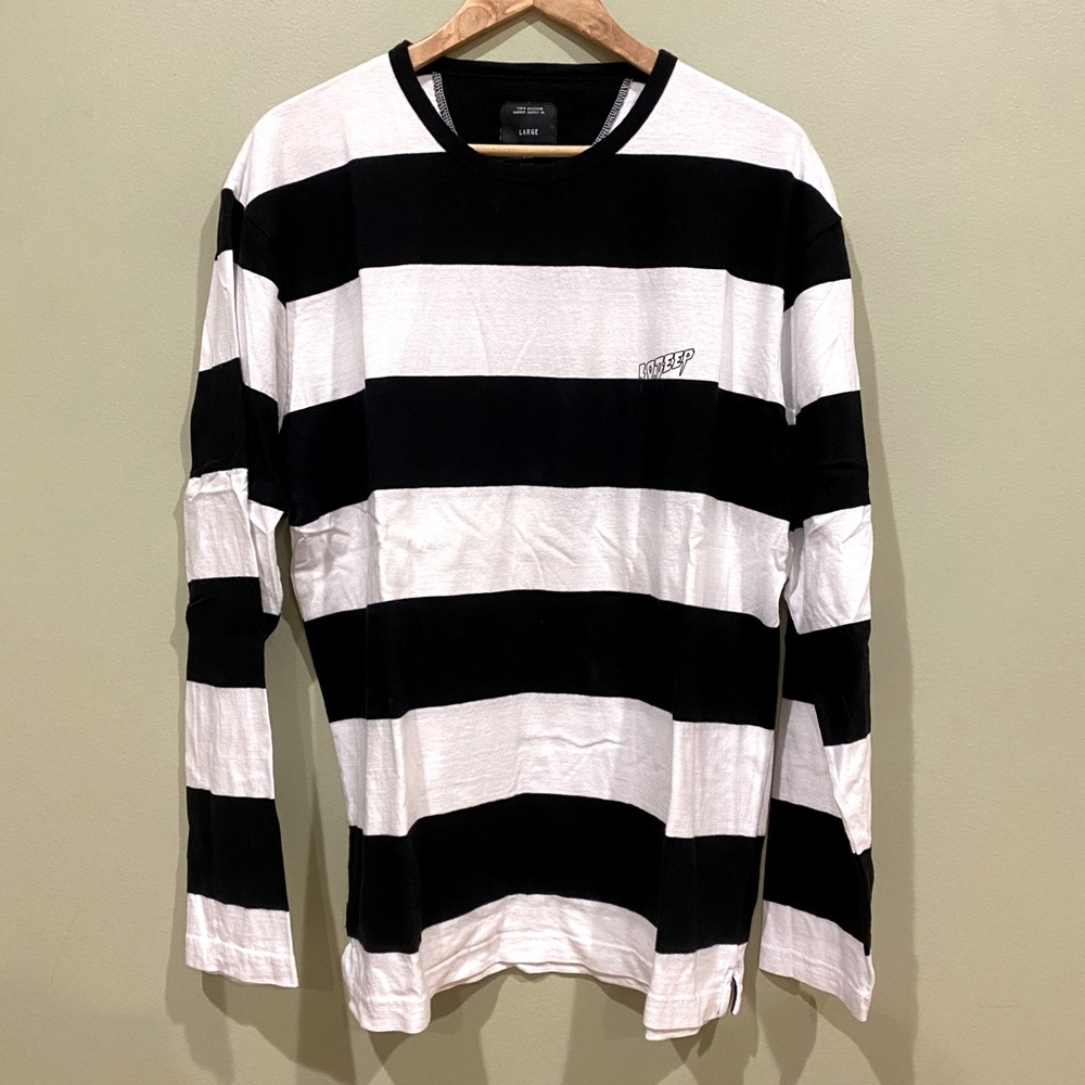 10.DEEP Men’s L Long Sleeve Crewneck Tee Stripped Graphic Shirt Black White